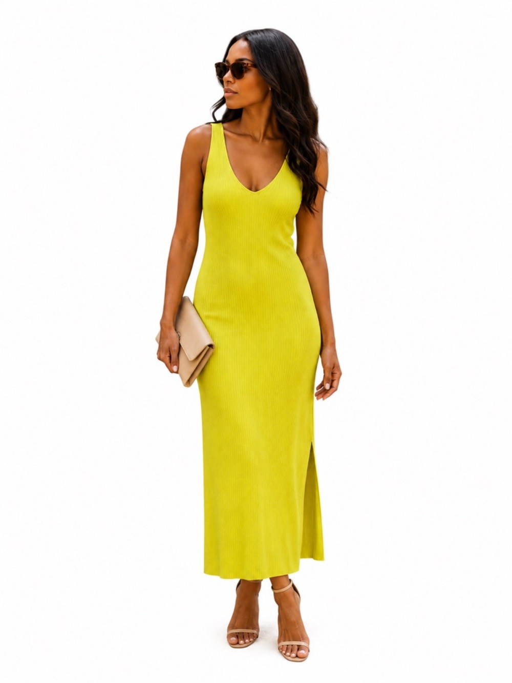 Forever 21 Bright Yellow Ribbed V-Neck Maxi Dress